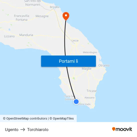 Ugento to Torchiarolo map