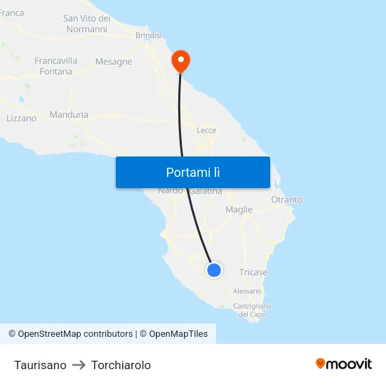 Taurisano to Torchiarolo map
