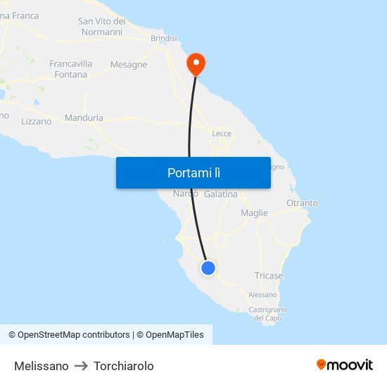 Melissano to Torchiarolo map