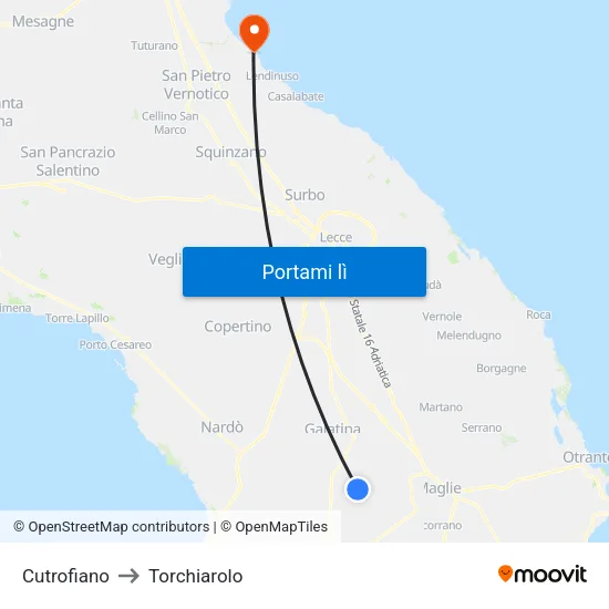 Cutrofiano to Torchiarolo map