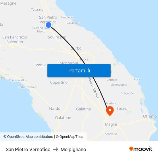 San Pietro Vernotico to Melpignano map