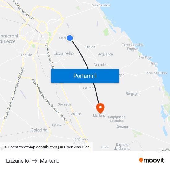 Lizzanello to Martano map