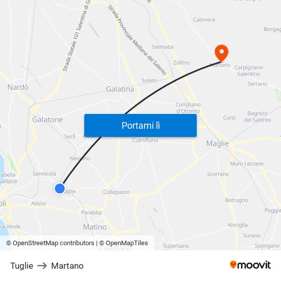 Tuglie to Martano map