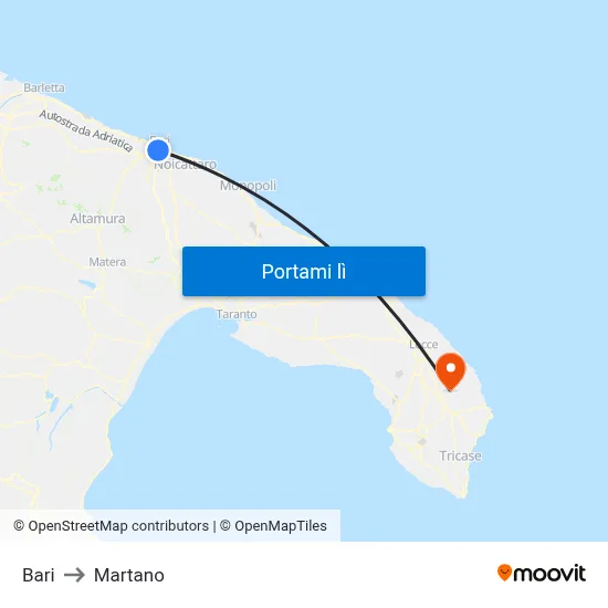 Bari to Martano map