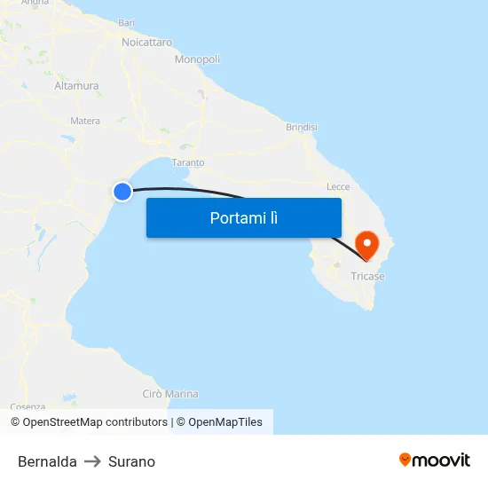 Bernalda to Surano map