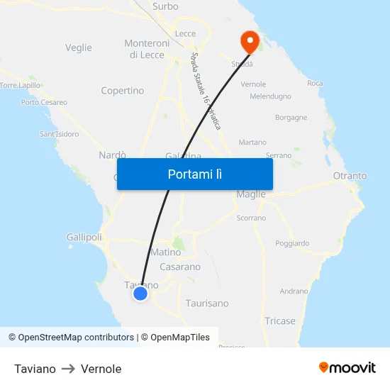 Taviano to Vernole map