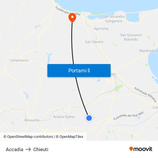 Accadia to Chieuti map