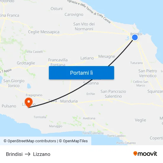 Brindisi to Lizzano map