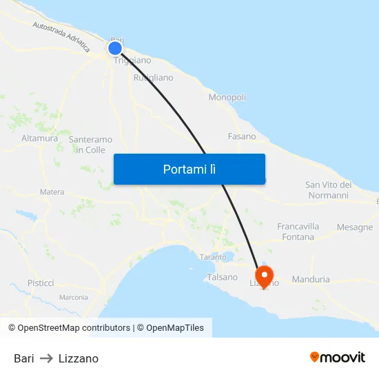Bari to Lizzano map