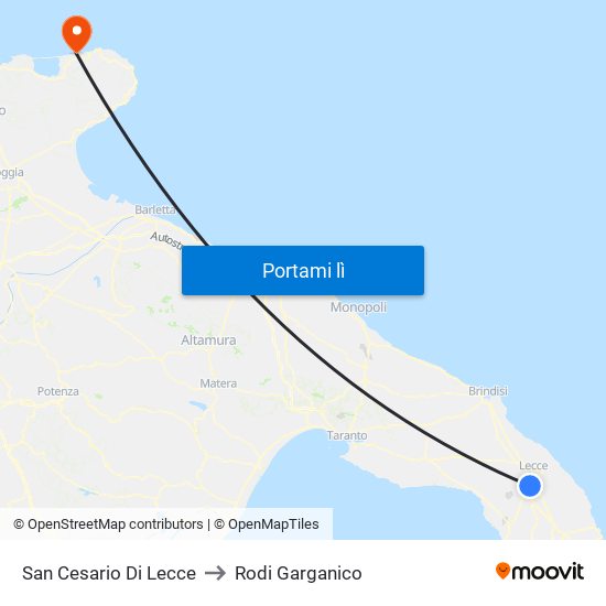 San Cesario Di Lecce to Rodi Garganico map