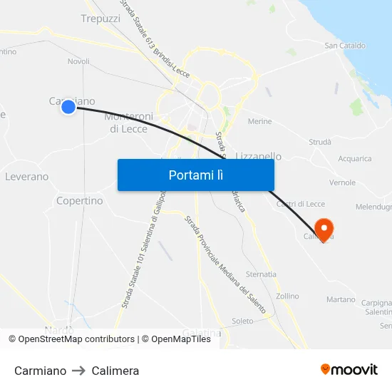 Carmiano to Calimera map