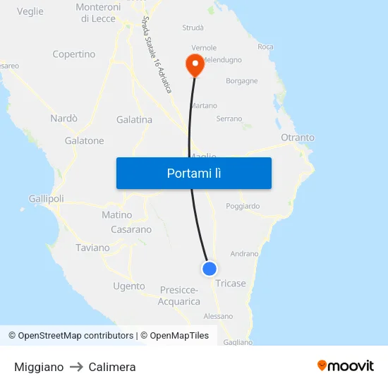 Miggiano to Calimera map