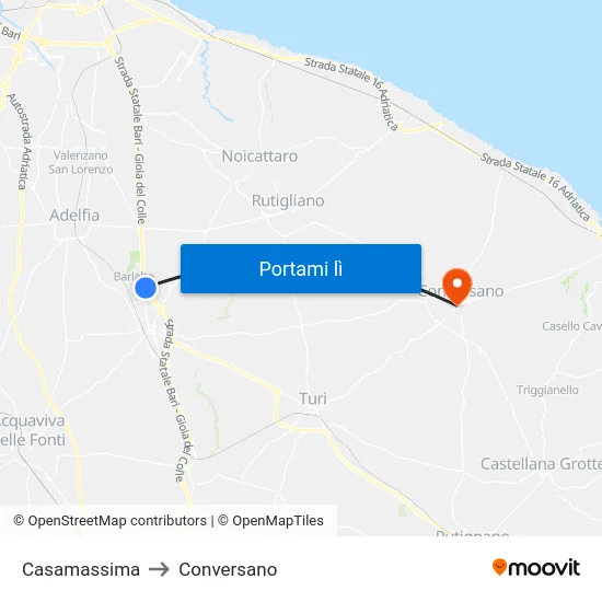Casamassima to Conversano map