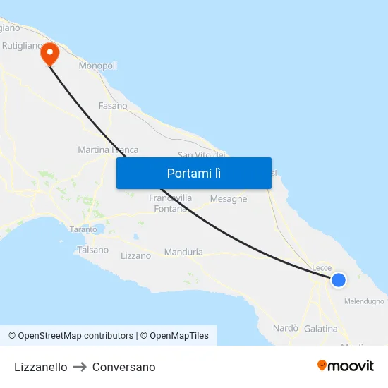 Lizzanello to Conversano map