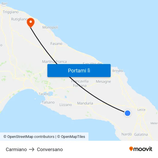 Carmiano to Conversano map
