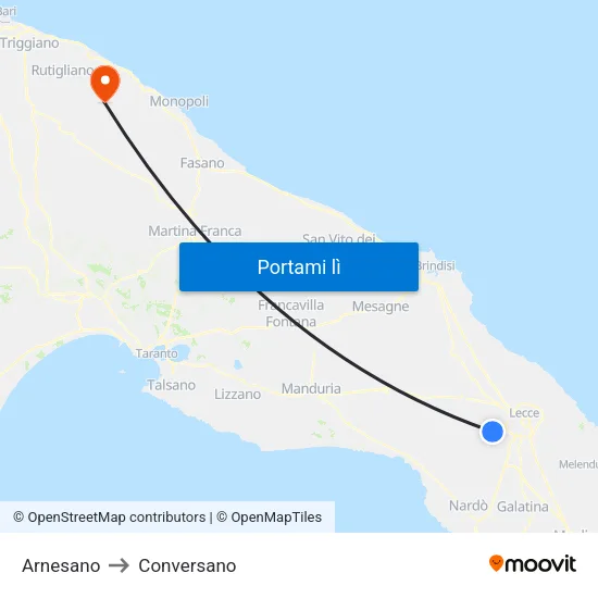 Arnesano to Conversano map