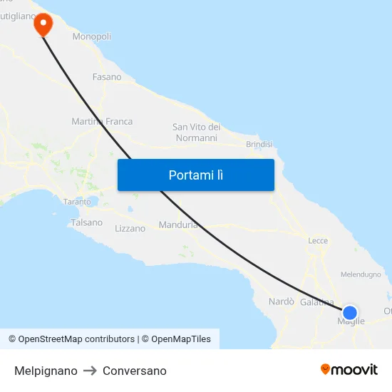 Melpignano to Conversano map