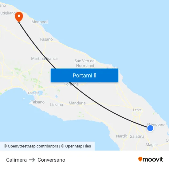 Calimera to Conversano map