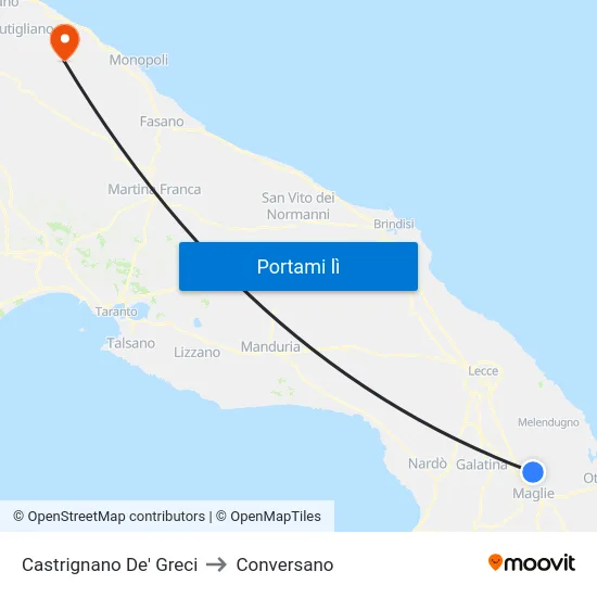 Castrignano De' Greci to Conversano map