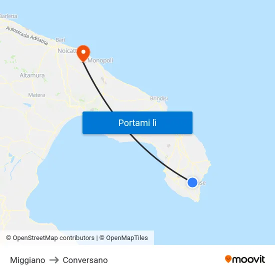 Miggiano to Conversano map