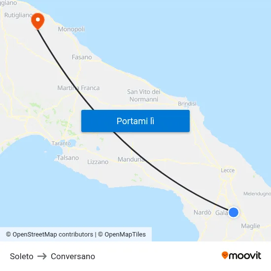 Soleto to Conversano map