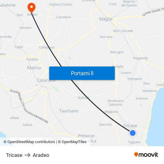 Tricase to Aradeo map