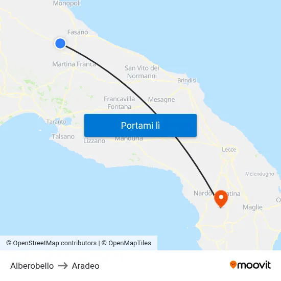 Alberobello to Aradeo map