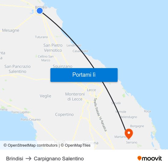 Brindisi to Carpignano Salentino map