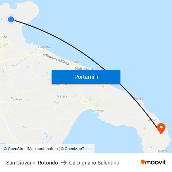 San Giovanni Rotondo to Carpignano Salentino map