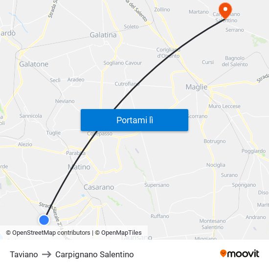 Taviano to Carpignano Salentino map