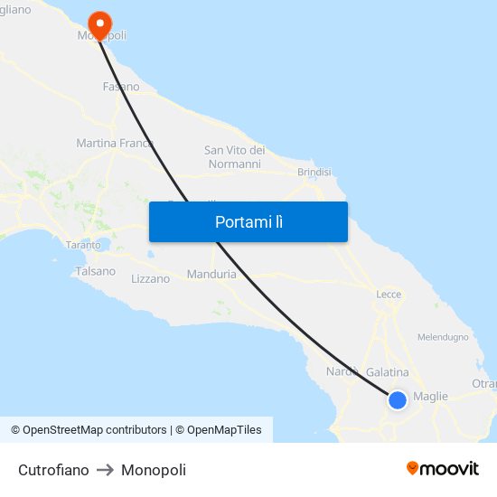 Cutrofiano to Monopoli map
