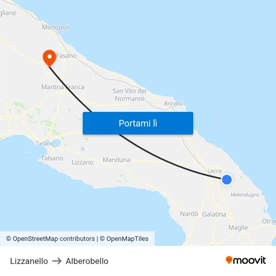 Lizzanello to Alberobello map