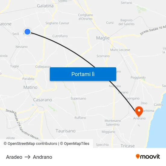 Aradeo to Andrano map
