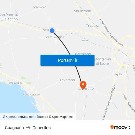 Guagnano to Copertino map