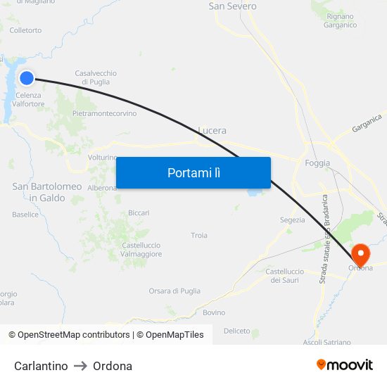 Carlantino to Ordona map