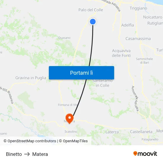 Binetto to Matera map