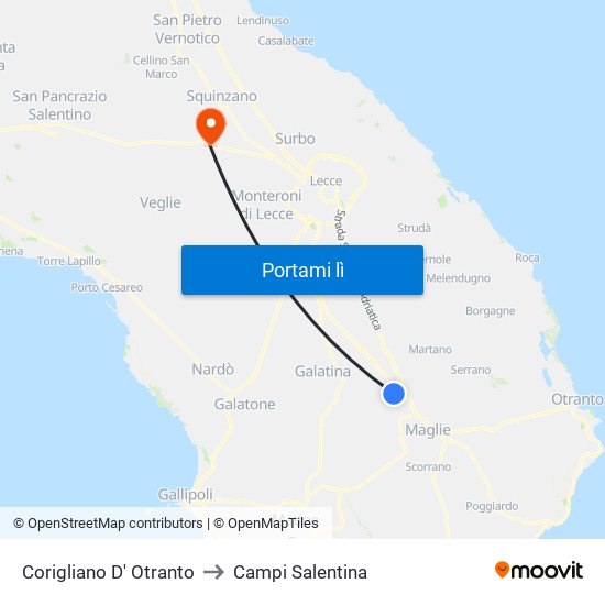 Corigliano D' Otranto to Campi Salentina map