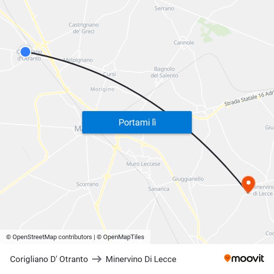 Corigliano D' Otranto to Minervino Di Lecce map