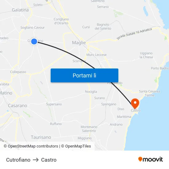 Cutrofiano to Castro map