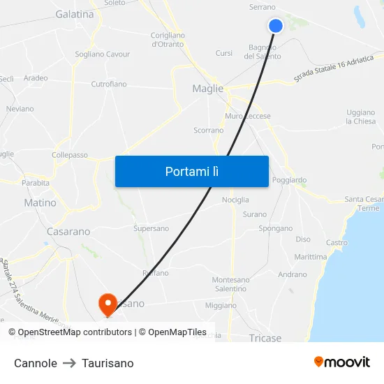 Cannole to Taurisano map
