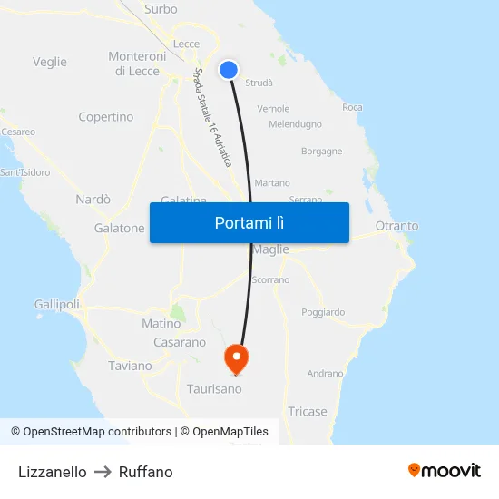 Lizzanello to Ruffano map
