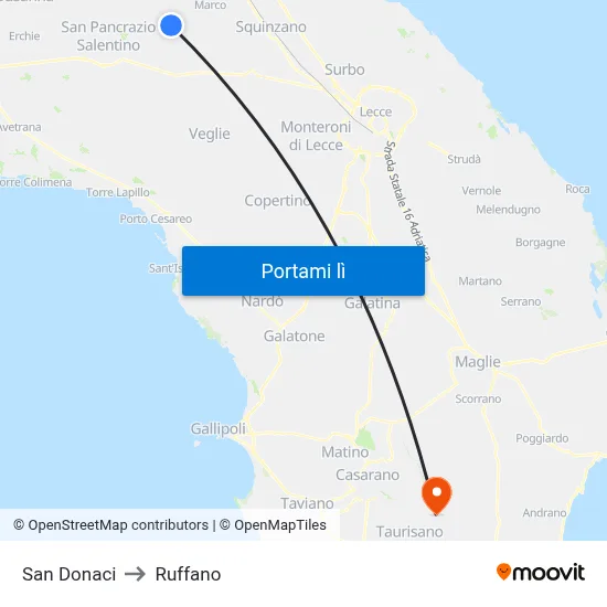 San Donaci to Ruffano map