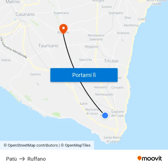 Patù to Ruffano map