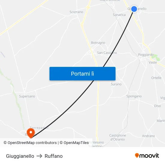 Giuggianello to Ruffano map