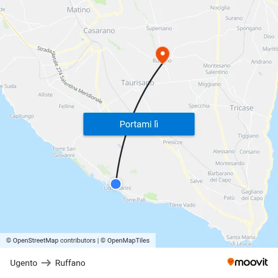 Ugento to Ruffano map