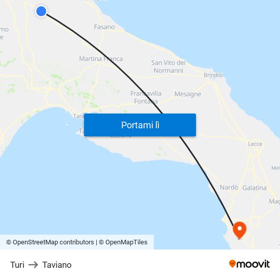 Turi to Taviano map