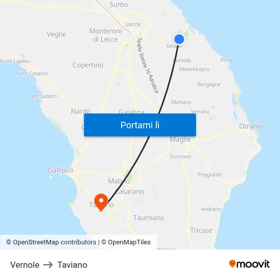 Vernole to Taviano map