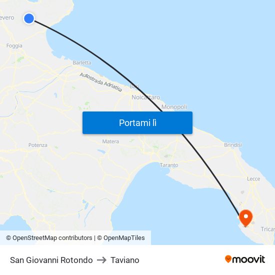 San Giovanni Rotondo to Taviano map