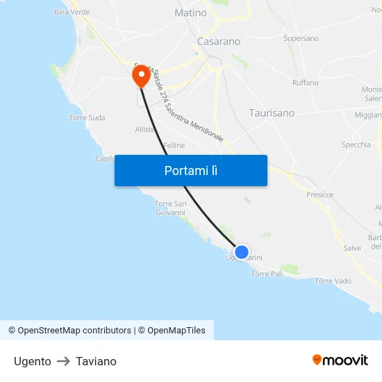 Ugento to Taviano map