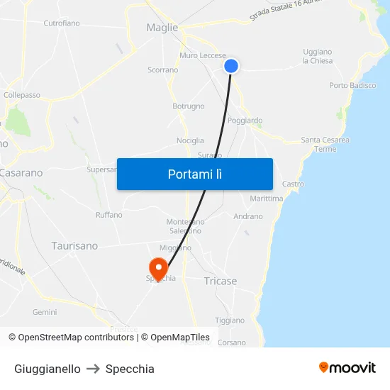 Giuggianello to Specchia map